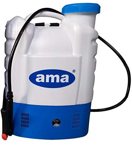 Ama Pompa a Spalla a Batteria 16 L - Irroratrice a Zaino per Giardinaggio e Agricoltura, Batteria al Litio 12 V 8 Ah, Lancia Telescopica 50-100 cm, 4 Bar, Bianco/Blu