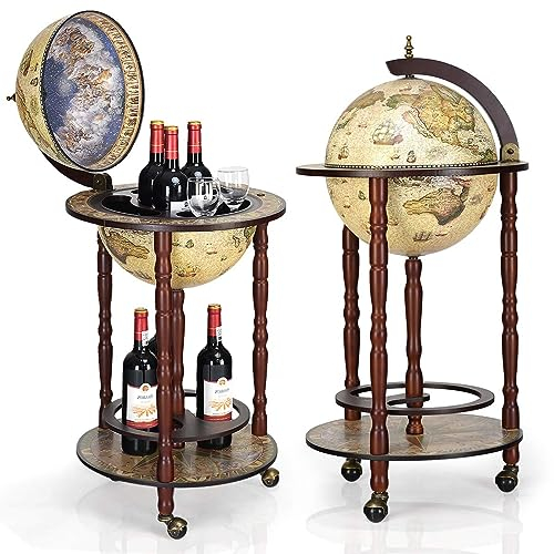 DREAMADE Globus Bar Barwagen, Weinregal auf Rollen, Minibar Globus Hausbar, Servierwagen mit Klassischem Design, Tischbar Cocktailbar Barschrank Globusbar (Beige)