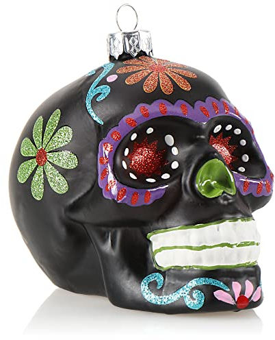 com-four® Weihnachtsbaumschmuck Totenschädel - Weihnachtsanhänger für den Christbaum - Weihnachtsbaum Deko aus Glas - Dia De Los Muertos (01 Stück - schwarz/rote Augen)