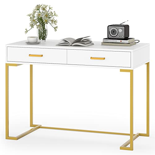 Tribesigns Bureau PC Gamer 100cm - Bureau avec Rangement, Design Moderne Blanc/Doré pour Chambre/Télétravail
