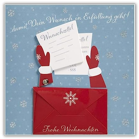 bsb Weihnachtskarte mit Umschlag & Drehapplikation - Weihnachtspostkarte mit Wunschzettel-Motiv - Grußkarte für Weihnachten - Merry Christmas Card - Weihnachten-Karte in 15,5 x 15,5 cm