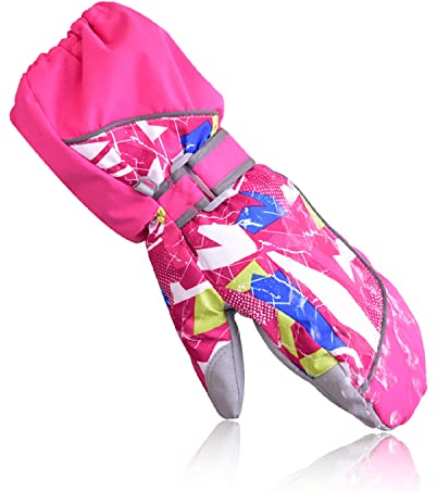 7-Mi Kids Winter Mittens, Warm Gloves for Boys and Girls Thermal Waterproof Outdoor Snow Ski Adjustable Cuffs 3-5 Years (Rose Red) Old
