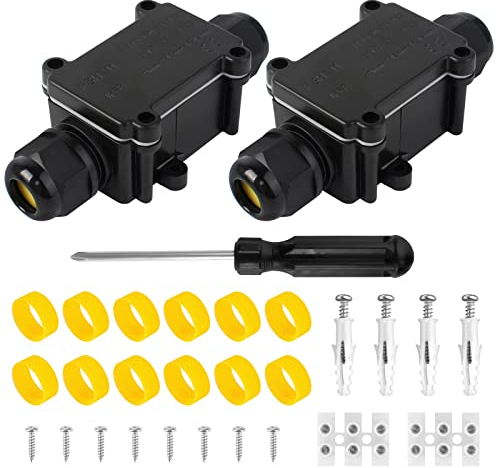2 Pieces IP68 Waterproof Junction Box, 2 Way Outdoor Cable Connector Waterproof Electrical Connector Black Outdoor Junction Box for 5-15mm Diameter Cable