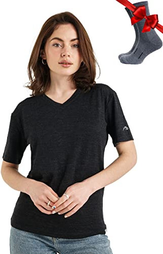 Merino.tech 100% Merino T Shirt Damen - Merinowolle Sport Wandern Thermoshirt Damen + Wandersocken (Medium, Heathered Black V-Neck)