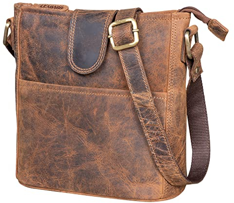 LEABAGS Leder Handtasche Damen I Premium Echtleder Umhängetasche I Damen Schultertasche I Damentasche I Tragetasche für Arbeit Uni Schule Freizeit I Größe L (31 x 29 x 13 cm) I Vintage Dunkelbraun