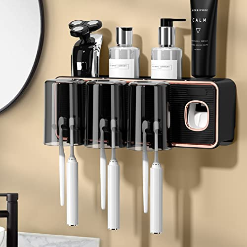 Wandmontierter Zahnbürstenhalter für das Badezimmer mit automatischem Zahnpastaspender, 3 zahnbürsten Becher, 6 Zahnbürstenschlitzen und großer Ablageschale