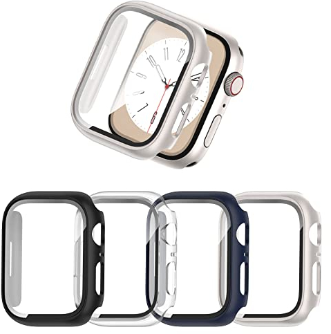 JZK 4-Stück Schutzhülle für Apple Watch SE 2024/SE 2/SE/6/5/4 44mm, Hart PC Rundum Ultradünne Gehäuse Hülle Eingebaut Kratzfest Gehärtetes Glas Schutzfolie für iWatch 44mm