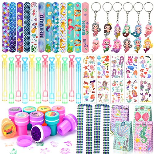 BOIKOKY 84 Stück Meerjungfrau Party Mitgebsel Kindergeburtstag - Meerjungfrau Schnapparmband Temporäre Tattoos Meerjungfrau Schlüsselanhänger Give Aways Gastgeschenk Kinder für Mädchen