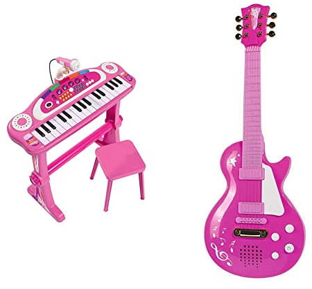 Simba 106830690 - My Music World Girls Standkeyboard, 31 Tasten, Licht und Sound, 55cm, ab 3 Jahre & 106830693 - My Music World Girls Rockgitarre, Metallsaiten, Gurt, 56cm, ab 4 Jahre