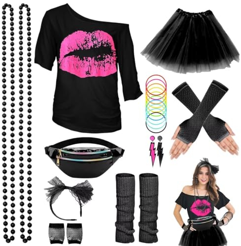 WILDPARTY 80er Jahre Outfit Damen Set, T-Shirt, Tutu, Gürteltasche, Stirnband, Ohrring, Halskette, Netzhandschuhe, 80er Jahre Kleidung Kostüm Neon Accessoires Party Karneval Clothes-80SMouth-Black-XL