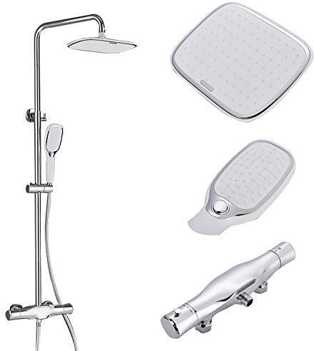 BADALO Thermostat-Duscharmatur, rot, schwarz, Badezimmer, Dusche, Mischbatterie, mattschwarz, Dual-Mode, Hand-Regenfall-Bahtroom-Mischbatterie, Weiß, Chrom