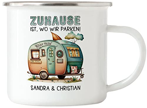 Kiddle-Design Zuhause ist wo wir Parken personalisierte Emaille Tasse mit Wunschnamen Campingbecher für Camper Pärchen Urlaub Geschenk