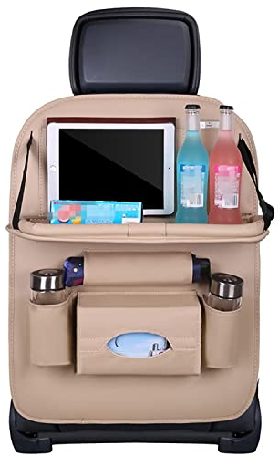 1 Paquete Organizador para Coche,Organizador Asiento Coche,Pu Cuero Protector de Asiento Niños con Comedor Poseedor Bandeja Resistente al agua Multi-Bolsillo de Almacenamiento Beige