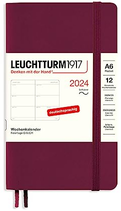 LEUCHTTURM1917 367673 Wochenkalender Pocket (A6) 2024, Softcover, Port Red, Deutsch, 12 Monate