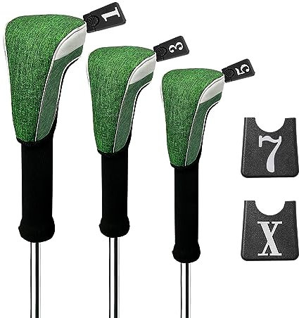 Andux Set di 3 coperture per mazze da golf in nylon e legno, 460 cc, con collo lungo, colore verde