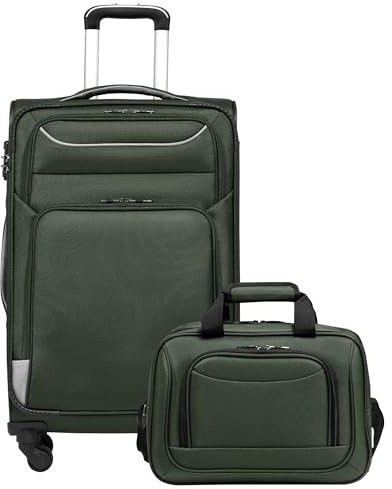 COOLIFE Koffer Trolley Koffer Reisekoffer von 4 Rollen Stoffkoffer Handgepäck TSA-Schloss Der Koffer Enthält 1 Große Umhängetasche (Mittlerer Koffer-Set 2tlg Dunkelgrün)