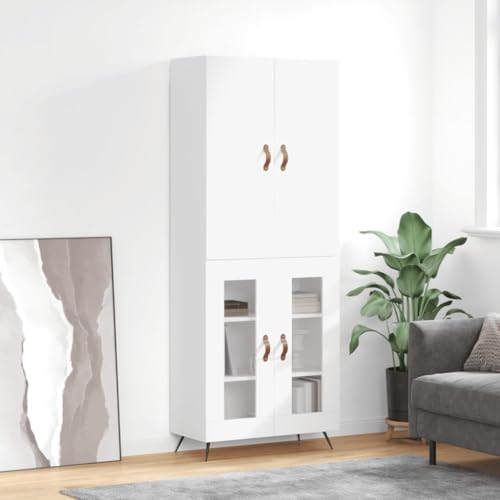 Moderner Wohnzimmerschrank, Kommode Highboard Highboard Weiß 69,5x34x180 cm Holzwerkstoff Praktische Tür + Metallfüße viel Stauraum + Langlebiges Material für Wohnzimmer Schlafzimmer Küche