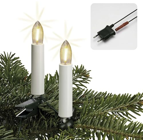 hellum LED Lichterkette Weihnachtsbaum Made-in-Germany Christbaumbeleuchtung Kerzen Lichterkette innen mit Clip, 15 warmweiße LED-Filament, beleuchtet 980cm, Kabel grün Schaft weiß 815009