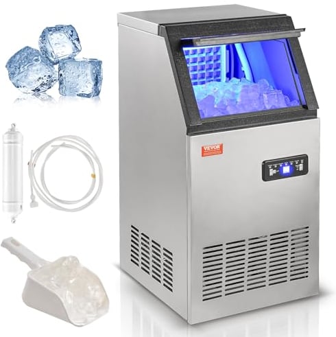 VEVOR Kommerzieller Eiswürfelbereiter Eismaschine 45 kg / 24 h, Leichte Würfeleismaschine 12,5 kg Eisspeicherkapazität 45 Stk. Eiswürfel, Edelstahl Eiswürfelbereiter inkl. Wasserfilter & Eisschaufel