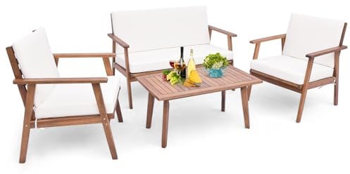 COSTWAY 4 PCS Garden Furniture Set, Acacia Wood Patio Conversation Sofa Set with 1 Coffee Table, 1 Loveseat, 2 Armchairs and Cushions, Outdoor Table and Chair Dining Set for Balcony Yard (White)