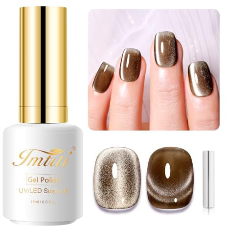 Imtiti Moonlight Cat Eye Gel Nail Polish, 15ml Nude Amber Light Brown Holographic Cat Eyes Glitter Magnetic UV Soak Off Gel Nail Polish with Magnetic Stick for Nail Art 1Pccs