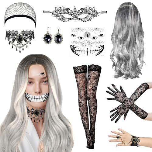 Perücke Halloween Damen 9er Set, 70cm Halloween Perücke Damen Grau, mit Haarnetz, Spitzenhandschuhe, Socken, Spitze Maske, Gotisch Halskette Armbänder, Tattoo Aufkleber und Gothic ohrringe.