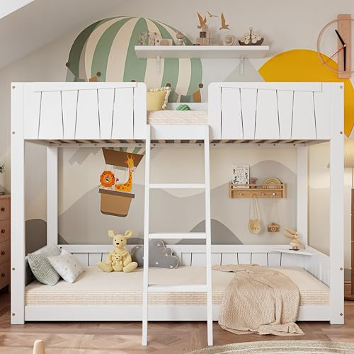 Soweiz Kinderbett, Etagenbett mit dreistufiger Leiter, Stabile Lattenroste, Offenes Regal, Design des Sicherheitszauns, Kinderbett mit Holzlatten, Rahmen aus Kiefer, Weiß, 90x200cm