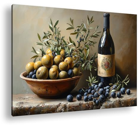 Leinwandbild Rustikale Komposition aus Oliven, Zweigen und Wein Format: 100x70 cm XXL Kunstdruck Bild auf Keilrahmen/Wandbild/Wohnzimmer Deko