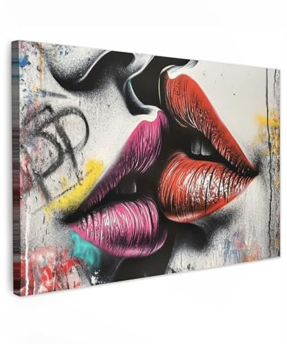 MuchoWow© Leinwand Bilder Groß 120x80 cm XXL Wanddeko Wohnzimmer Aesthetic Room Decor Deko Zimmer Wandbilder Modern Bild auf Leinwand Straßenkunst - Lippen - Kuss - Graffiti