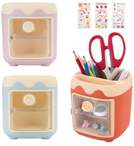 RETON Lot de 3 porte-crayons créatifs avec 3 autocollants, organiseur de bureau Kawaii multifonction avec 2 compartiments, porte-crayons pour bureau, école, maison