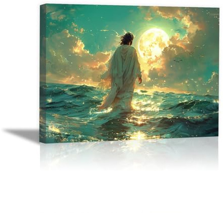 WIKEO Jesus Leinwand Kunstdruck, Jesus geht auf dem Wasser Christliche Poster Religiöse Bilder, Gemälde für Schlafzimmer Wohnzimmer Büro Küche Dekoration - 40x60cm Gerahmt(blau)