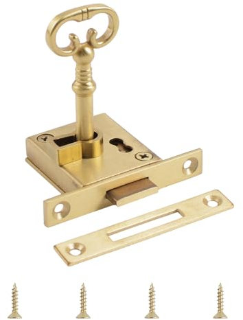UFURMATE Vintage Lock with Key 1 Pack Gold Cabinet Lock Set for Left-Hand Door Retro Desk Drawer Spring Lock Decorative Antique Brass Lock for Cabinet, Wardrobe, Drawer, Cupboard, Jewelry Boxes