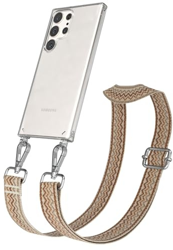 EAZY CASE Handykette - Verstellbares Taschenband kompatibel mit Galaxy S23 Ultra, Schulterriemen, Handykordel mit Silikon Hülle, Umhängetasche, Beige Braun Silber