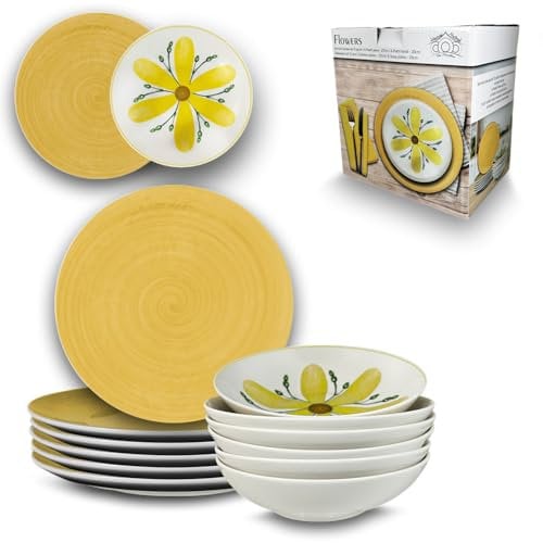 ARCA, Set 12 Piatti Coordinati Flowers in Porcellana Decorata, Servizio per 6 Persone, con Piatti Fondi e Piani, Moderni e Colorati, Lavabili in Lavastoviglie, Colore Giallo