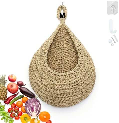 Panier Suspendu Rangement Cuisine, Corbeille à Fruits Suspendue, Panier Mural Fait Main Tressée avec Crochets, Organisateur de Cuisine Murale, Corbeille Tissé pour Fruits, Légumes (Brun, Moyen)