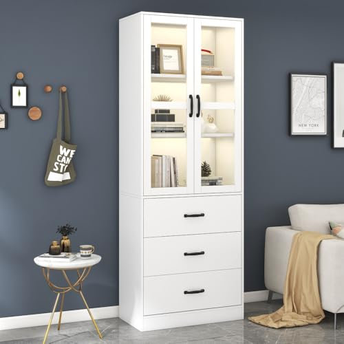Vitrina Zubaliya blanca de 200 cm de alto con soporte con 3 cajones y 2 divisores móviles, 2 puertas de cristal, iluminación LED: ¡una elegante adición a su colección!
