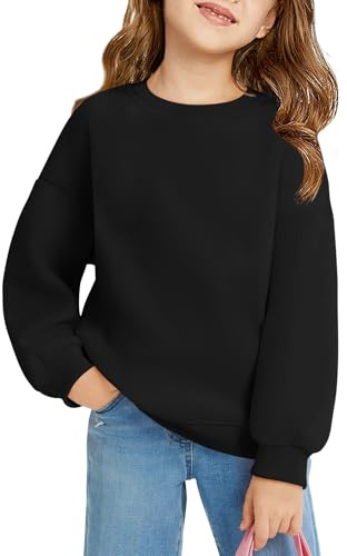 Haloumoning Felpa da ragazza, girocollo, oversize, per bambini, leggera, sportiva, a maniche lunghe, tinta unita, basic 5-14 anni, Nero , 9-10 Jahre
