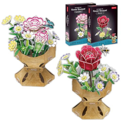 Puzzle 3D Fleur DIY Rose + Oeillet | Pack de 2 Puzzle 3D Adultes et Enfants | Maquettes à Monter de Fleurs Artificielles | 120 Pièces | Puzzles 3D | Cadeaux Saint Valentin ou Noël
