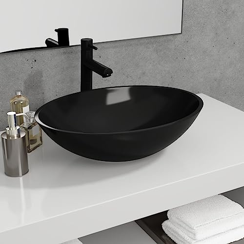 Lavabo a Appoggio in Vetro Temperato Nero, Design Moderno per Bagno o Toilette, Resistente e Facile da Pulire, 50 x 37 x 14 cm