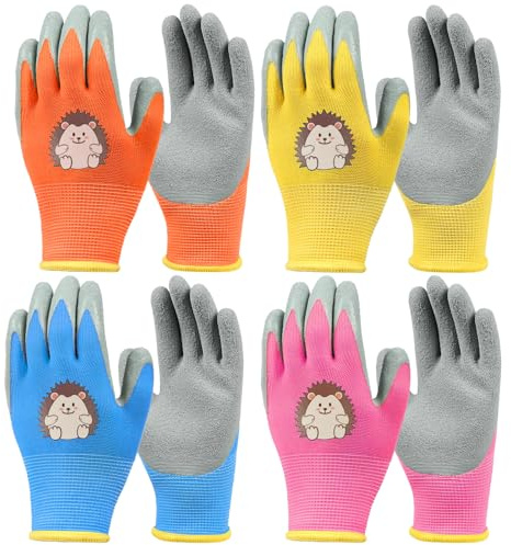 Noaxylic 4 Paar Kinder Gartenhandschuhe 3-5 Jahre Arbeitshandschuhe Latex | Schutzhandschuhe mit Handflächenbeschichtung Cartoon, Rutschfeste Schutzhandschuhe Gartenhandschuhe