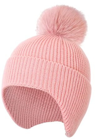 Shedoo Mütze Kinder Mädchen, Doppellagige Winter Wärmer Strickmütze mit Bommel, Dick Atmungsaktiv Wintermütze für Kinder, Beanie Kint Hat für Nachtlauf, Camping, Radfahren Walking- Rosa