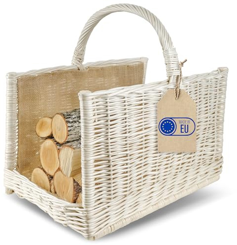 Creative Home Blanca Cesta de Mimbre para Almacenar Leña con Asa 50x34x50cm | Tela de Yute | Rectangular Grande | Tejida a Mano Duradera Interior | Sauce Grueso Natural | Multiuso