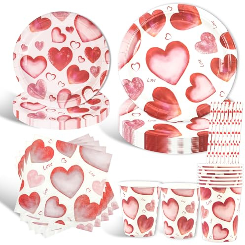 50 Stück Valentinstag Partygeschirr Set mit Roten Herzmotiven, Pappteller Pappbecher Servietten für Mädchen Junge, Party Deko Geschirr für Valentinstag