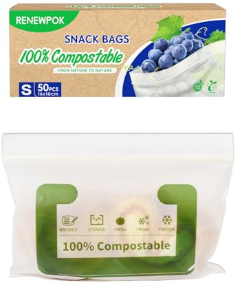 100% Compostable Food Storage Bags Freezer and Leak Proof, (Eco Zip) Seal well for Sandwich or Fruit Plant-Based BPA-free (50, S(10×16cm))