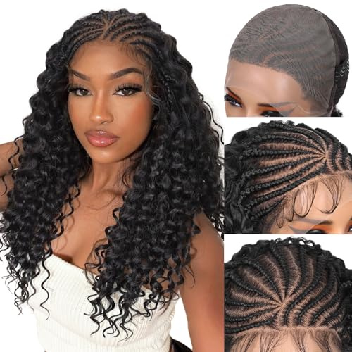 FAVE Geflochtene Perücke für Afro-Frauen, 13x6 Handgemachte Braids mit Babyhaar, Synthetische Klebefreie Cornrow Perücke mit vorgezupftem Ansatz (55 cm, Natur Schwarz)