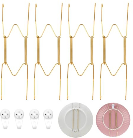 Invisible Plate Holders,Plate Hanger for Wall,Decorative SheetMetal Hangers | 4pcs Wall Plates with Stainless Steel W Shaped Spring Hooks,Invisible Spring Hook Holder for Antique Arts Decorative,Golden