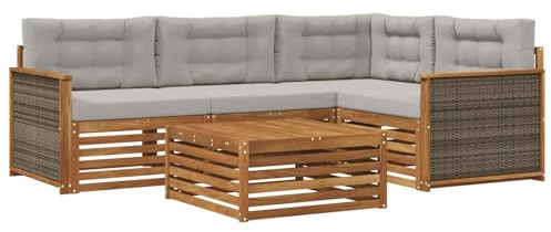 vidaXL Outdoor-Sofagarnitur mit Kissen 5 pcs Natürlich und Hellgrau, Patio Loungeset, modernes Sofa für draußen, wetterbeständiger Gartenspaß, Bequeme Terrassenmöbel