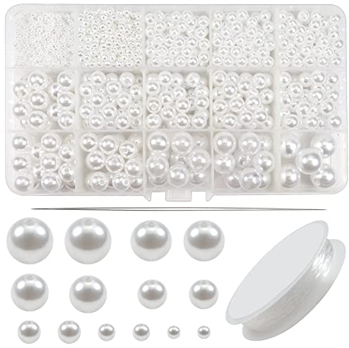 TOAOB 1400 Stück Kunstperle mit Loch Runde Perlen set zum Auffädeln Schmuck Perlen Weiß Pearls for Jewelry Making 3mm 4mm 6mm 8mm 10mm 12mm 14mm für Dekorieren Kleidung Halsketten Armbänder