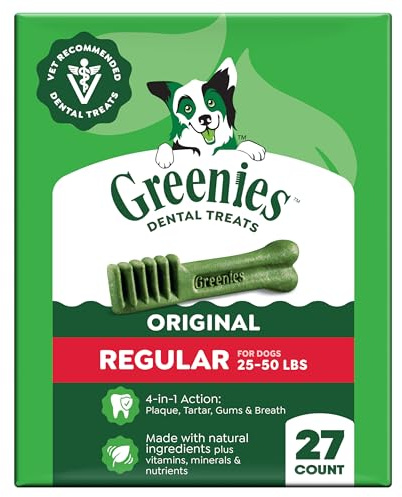 Greenies Veterinarian-Recommended Adult Natural Dental Dog Treats Regular Size, Dog Dental Chews, Original Flavor, 27 oz. Pack, 27 Count
