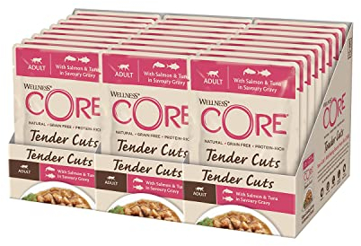 Wellness CORE Tender Cuts, Lachs & Thunfisch, 24 x 85 g, Nassfutter für ausgewachsene Katzen in Sauce, ohne Zuckerzusatz, getreidefrei, mit hohem Fleischanteil